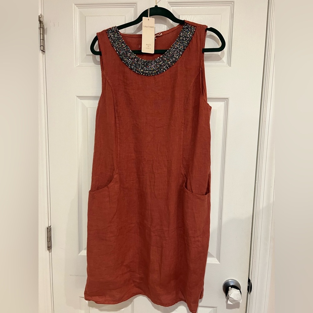 Embellished Neck Sleeveless Shift Dress - Terracotta-Pockets-linen-never worn
